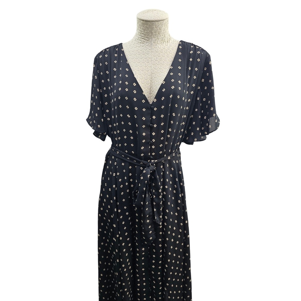 Lauren Ralph Lauren Midi Dress Womens 16 Black Diamond Print Flutter Sleeve Belt